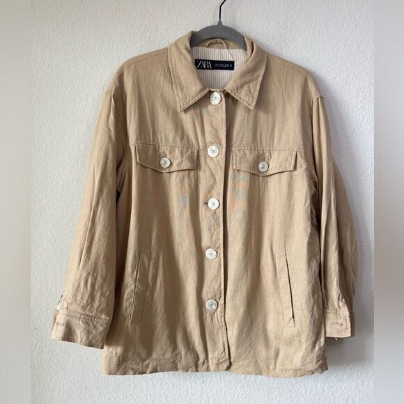 Zara Linen Blend Shacket Sz M Tan Button Up Lightweight Jacket Boho Minimalist - Picture 3 of 8